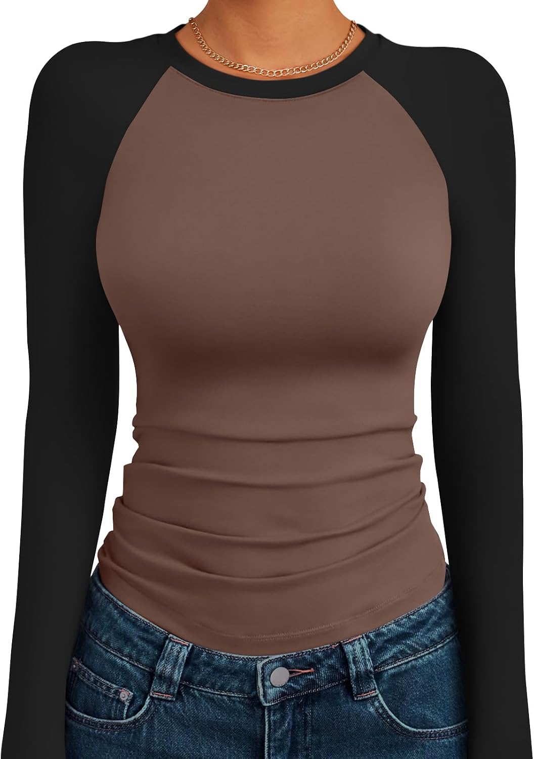 Women's Long Sleeve Shirts Slim Fit Stretchy Color Block Slightly Cropped Tops