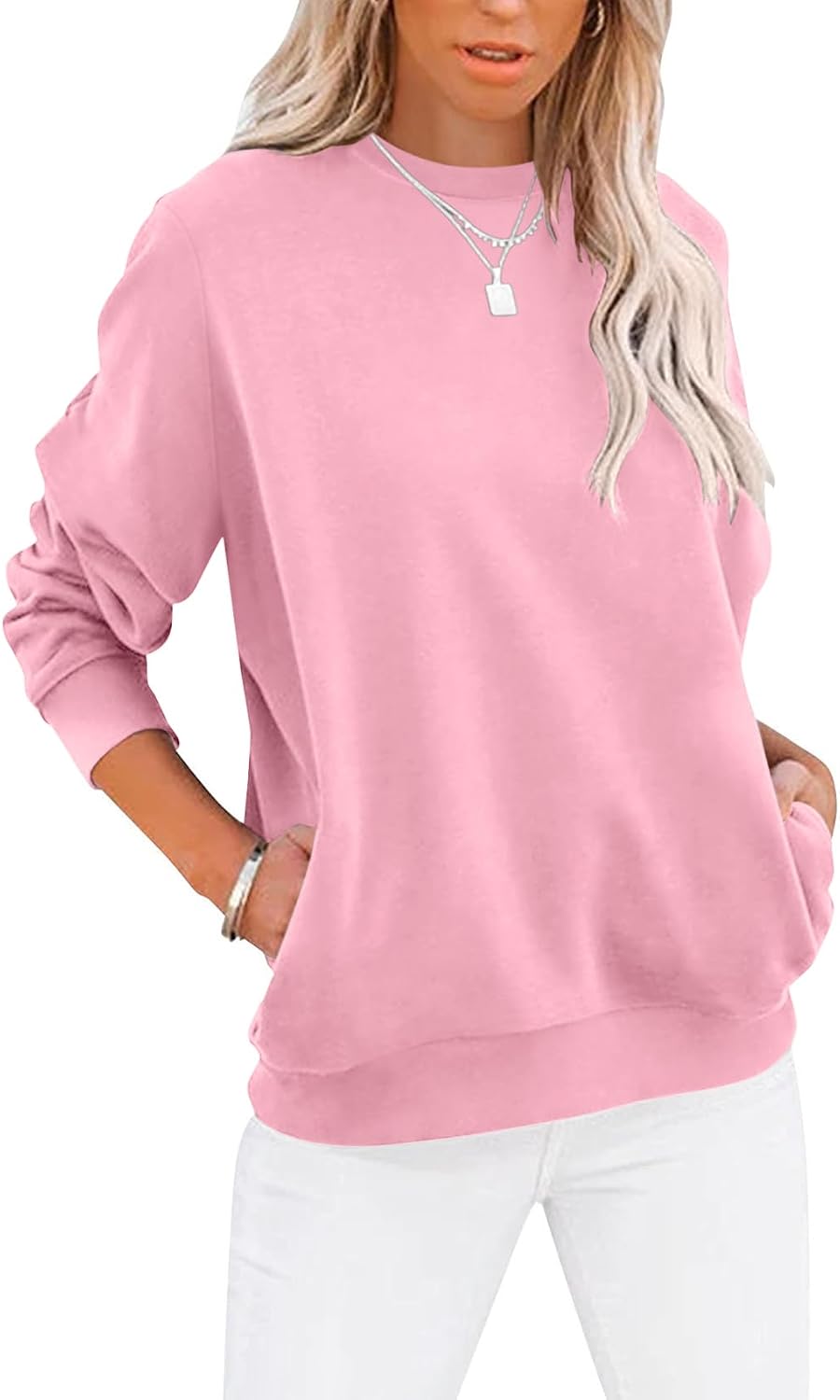 Women's Casual Long Sleeve Color Block/Solid Tops Crewneck Sweatshirts Cute Loose Fit Pullover with Pockets
