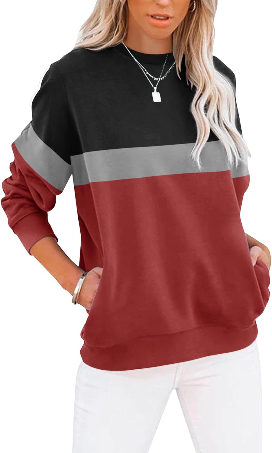 Women's Casual Long Sleeve Color Block/Solid Tops Crewneck Sweatshirts Cute Loose Fit Pullover with Pockets