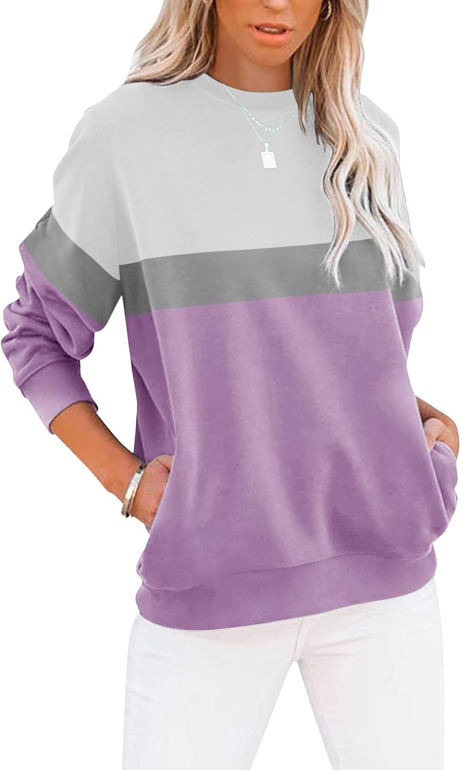Women's Casual Long Sleeve Color Block/Solid Tops Crewneck Sweatshirts Cute Loose Fit Pullover with Pockets