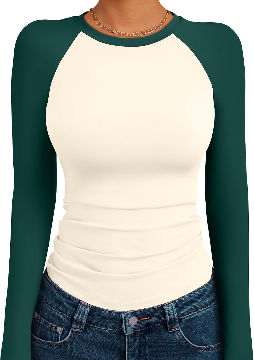 Women's Long Sleeve Shirts Slim Fit Stretchy Color Block Slightly Cropped Tops