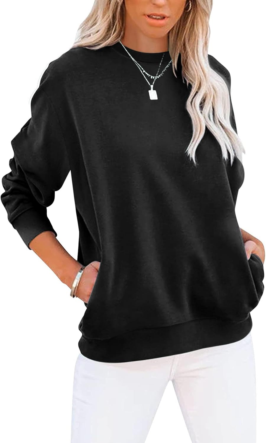 Women's Casual Long Sleeve Color Block/Solid Tops Crewneck Sweatshirts Cute Loose Fit Pullover with Pockets