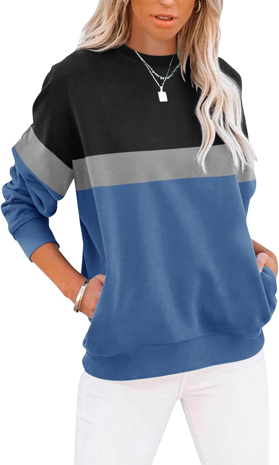 Women's Casual Long Sleeve Color Block/Solid Tops Crewneck Sweatshirts Cute Loose Fit Pullover with Pockets