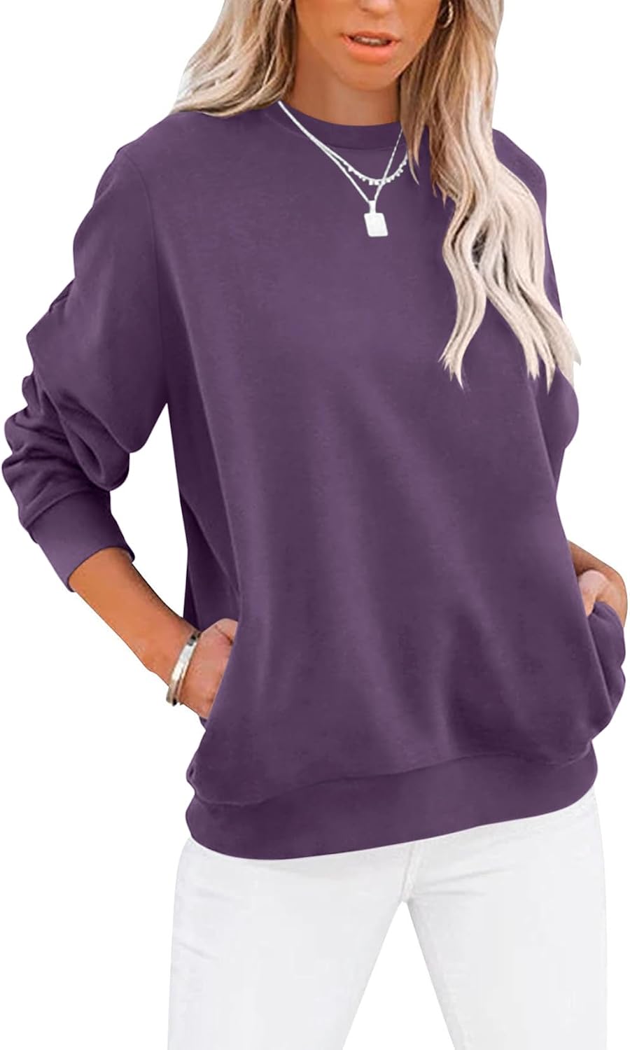 Women's Casual Long Sleeve Color Block/Solid Tops Crewneck Sweatshirts Cute Loose Fit Pullover with Pockets
