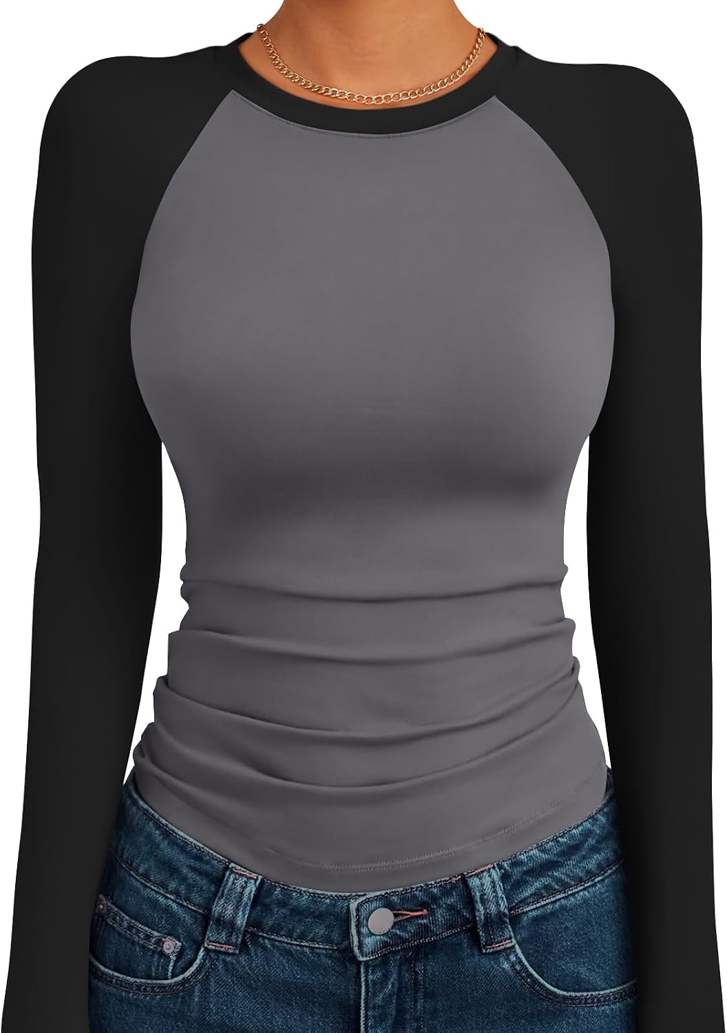 Women's Long Sleeve Shirts Slim Fit Stretchy Color Block Slightly Cropped Tops