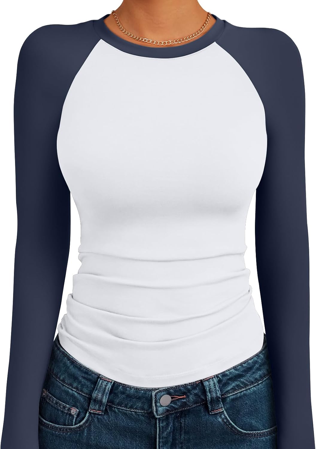 Women's Long Sleeve Shirts Slim Fit Stretchy Color Block Slightly Cropped Tops