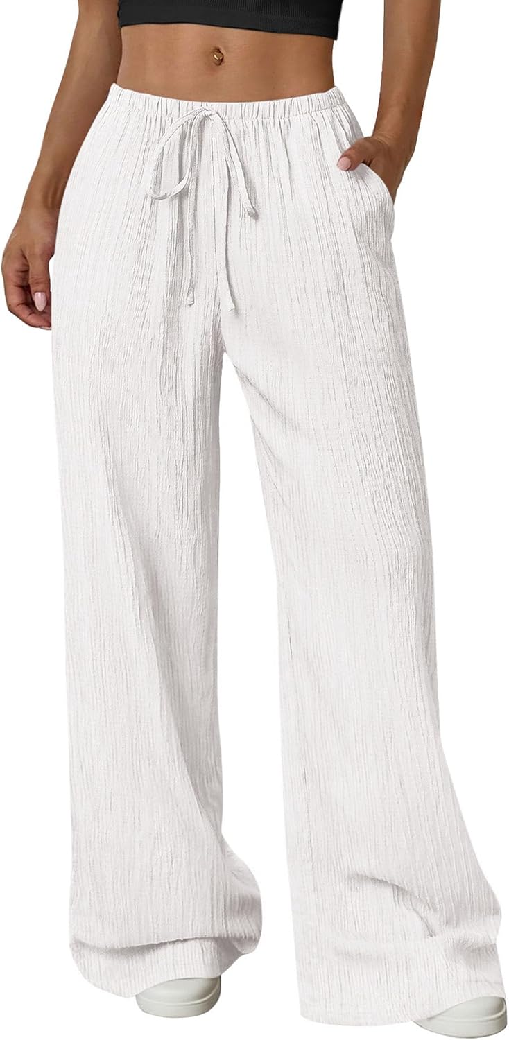 Womens Palazzo Pants Summer Fashion 2026 High Waisted Wide Leg Drawstring Flowy Beach Trousers with Pockets