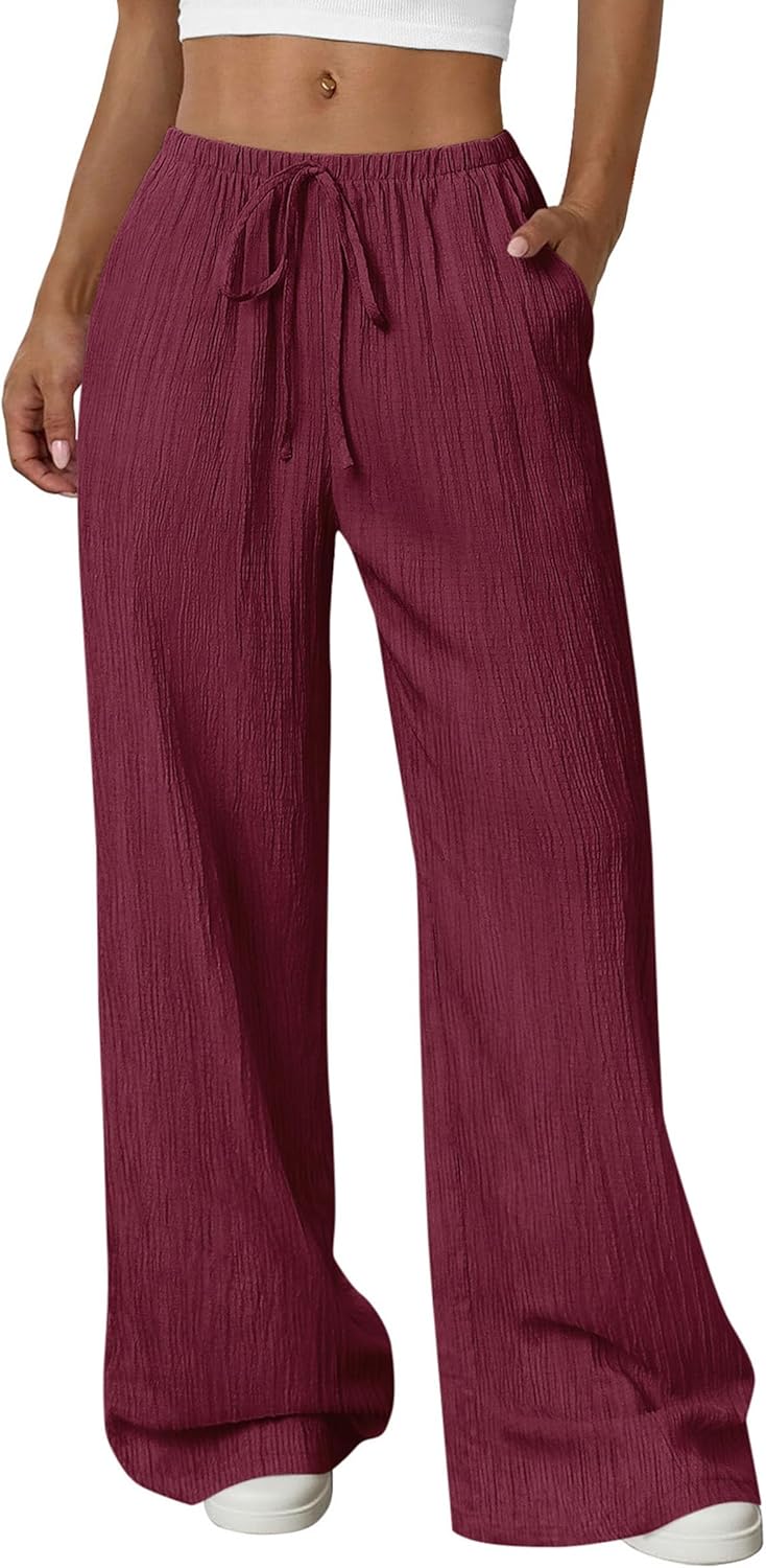 Womens Palazzo Pants Summer Fashion 2026 High Waisted Wide Leg Drawstring Flowy Beach Trousers with Pockets