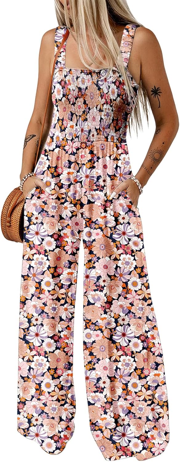 Women's Casual Loose Overalls Jumpsuits One Piece Sleeveless Printed Wide Leg Long Pant Rompers With Pockets