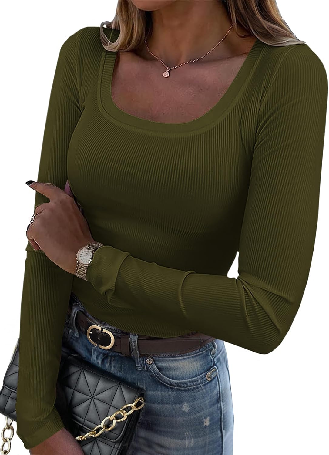 Women's Long Sleeve Scoop Neck Shirts Casual Slim Fit Rib Knit Tops Summer Fall Basic Business Work Tee