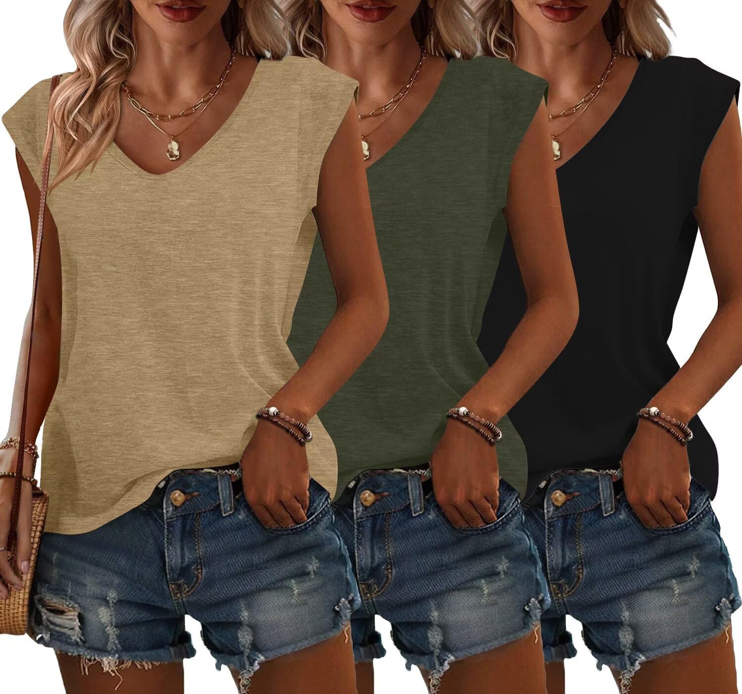 3 Pack Womens Cap Sleeve Tops V Neck T Shirts Summer Spring Outfits Beach Vacation Fashion Tee Blouse Workout Clothes