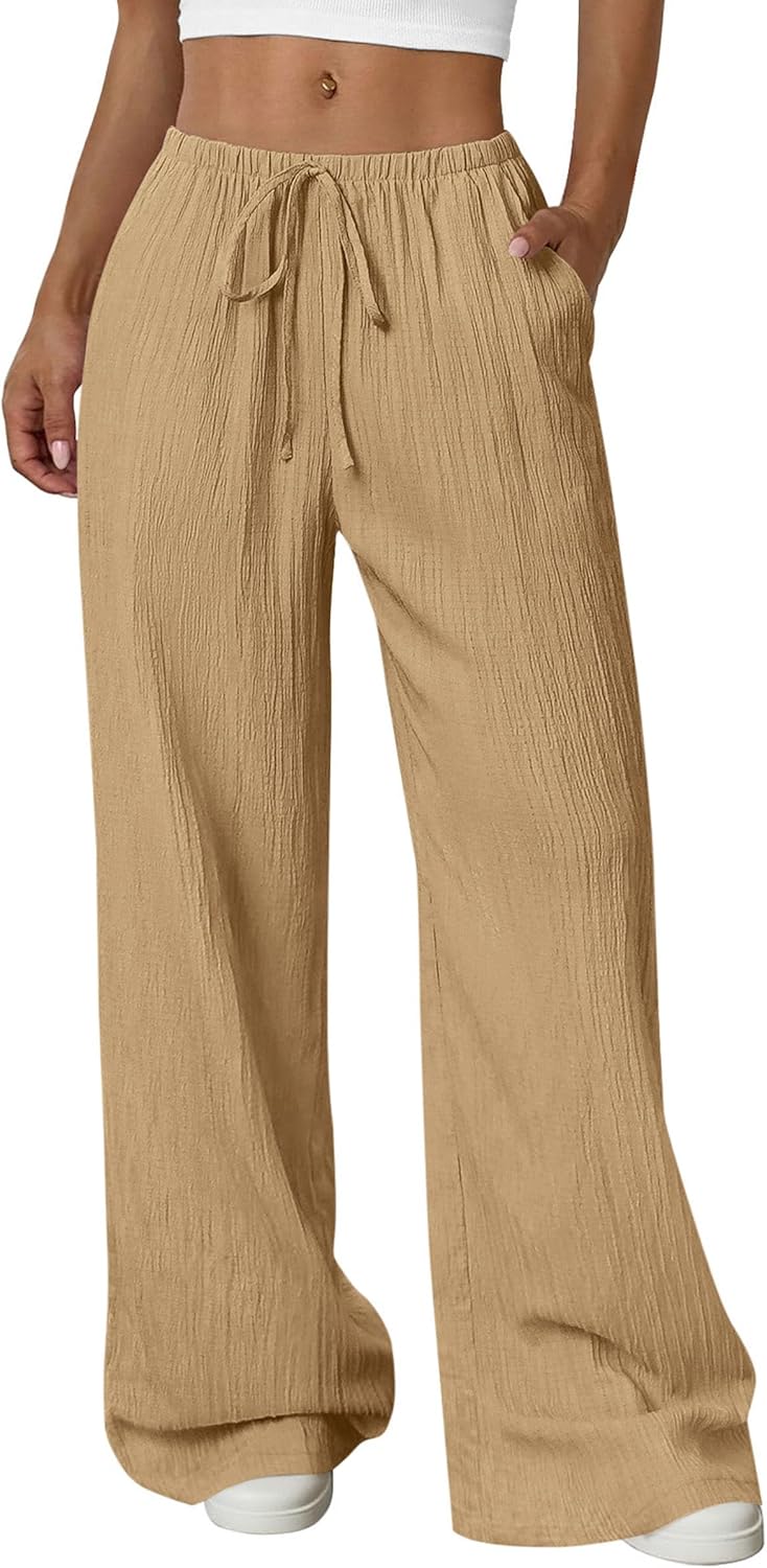 Womens Palazzo Pants Summer Fashion 2026 High Waisted Wide Leg Drawstring Flowy Beach Trousers with Pockets
