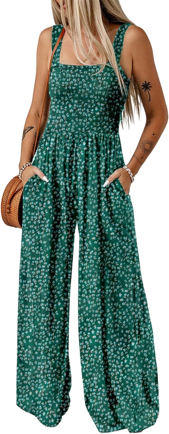 Women's Casual Loose Overalls Jumpsuits One Piece Sleeveless Printed Wide Leg Long Pant Rompers With Pockets