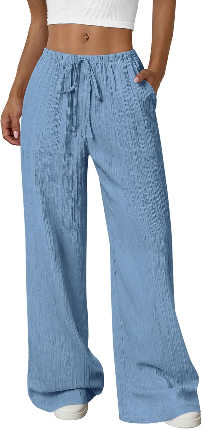 Womens Palazzo Pants Summer Fashion 2026 High Waisted Wide Leg Drawstring Flowy Beach Trousers with Pockets