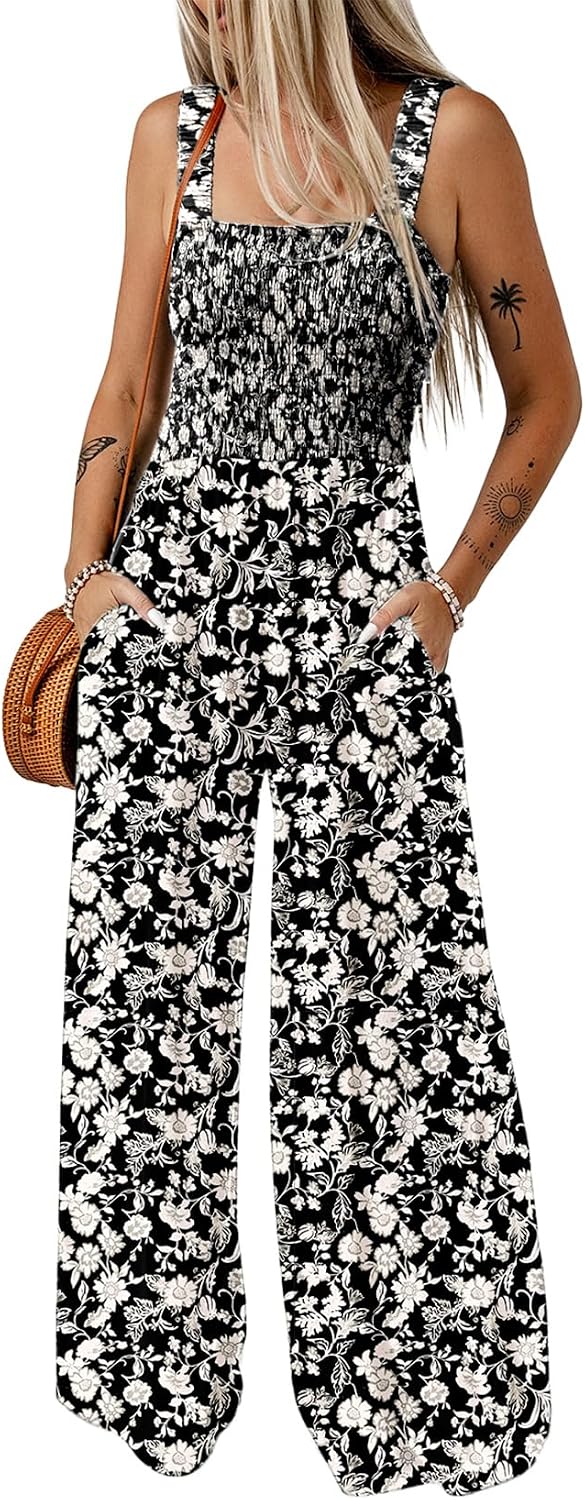 Women's Casual Loose Overalls Jumpsuits One Piece Sleeveless Printed Wide Leg Long Pant Rompers With Pockets