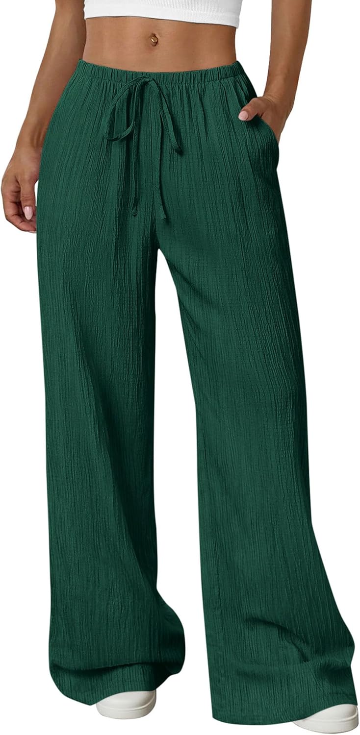 Womens Palazzo Pants Summer Fashion 2026 High Waisted Wide Leg Drawstring Flowy Beach Trousers with Pockets