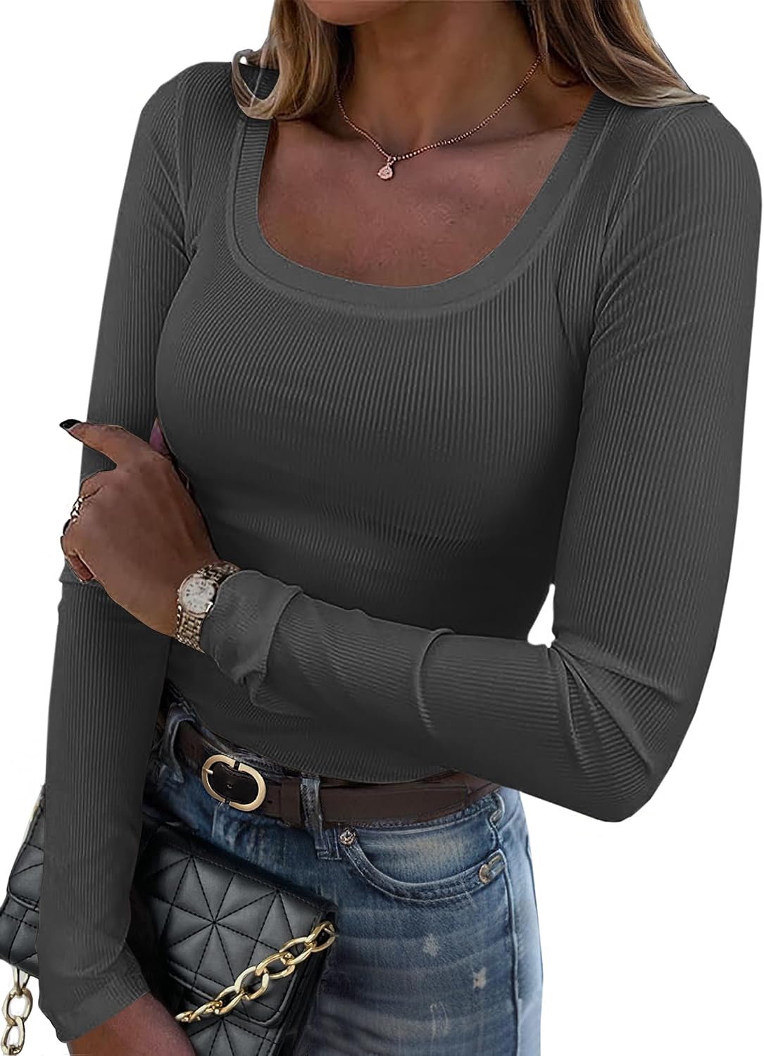 Women's Long Sleeve Scoop Neck Shirts Casual Slim Fit Rib Knit Tops Summer Fall Basic Business Work Tee