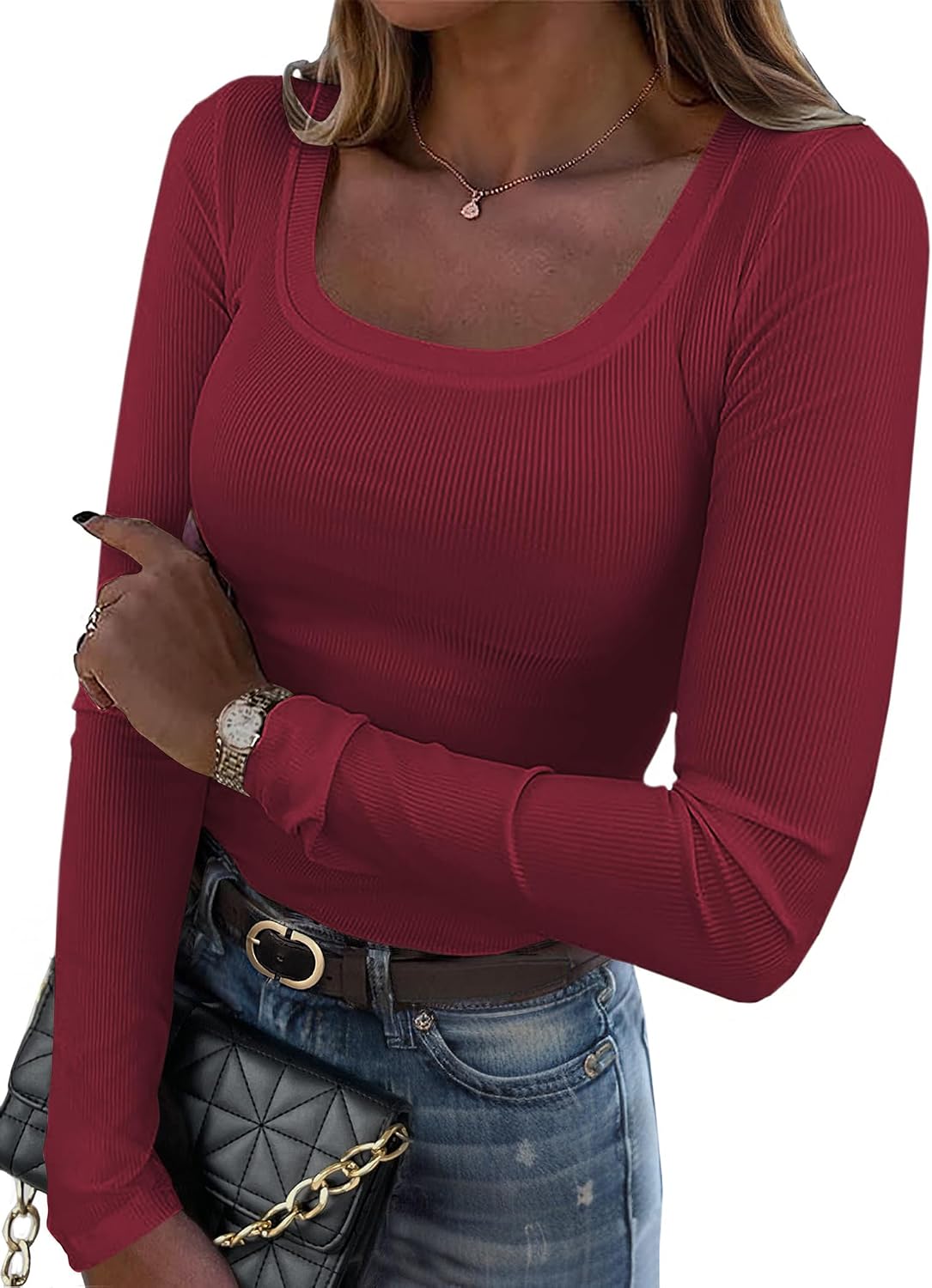 Women's Long Sleeve Scoop Neck Shirts Casual Slim Fit Rib Knit Tops Summer Fall Basic Business Work Tee