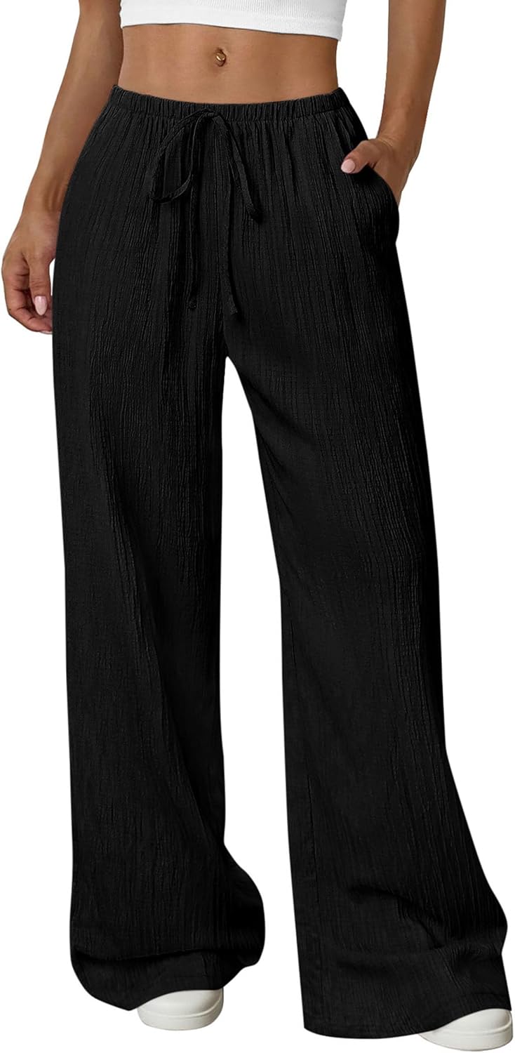 Womens Palazzo Pants Summer Fashion 2026 High Waisted Wide Leg Drawstring Flowy Beach Trousers with Pockets