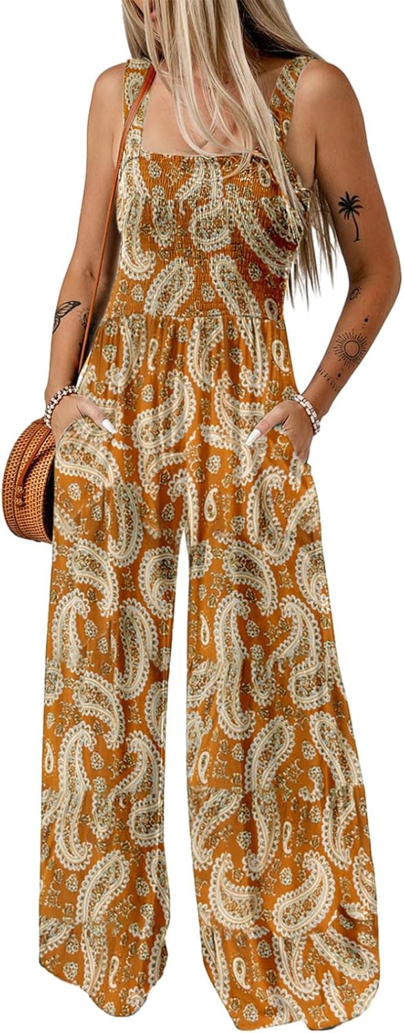 Women's Casual Loose Overalls Jumpsuits One Piece Sleeveless Printed Wide Leg Long Pant Rompers With Pockets