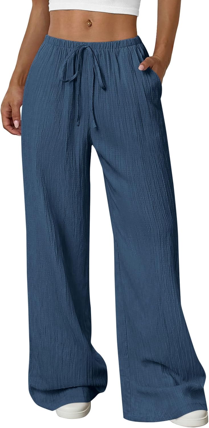 Womens Palazzo Pants Summer Fashion 2026 High Waisted Wide Leg Drawstring Flowy Beach Trousers with Pockets