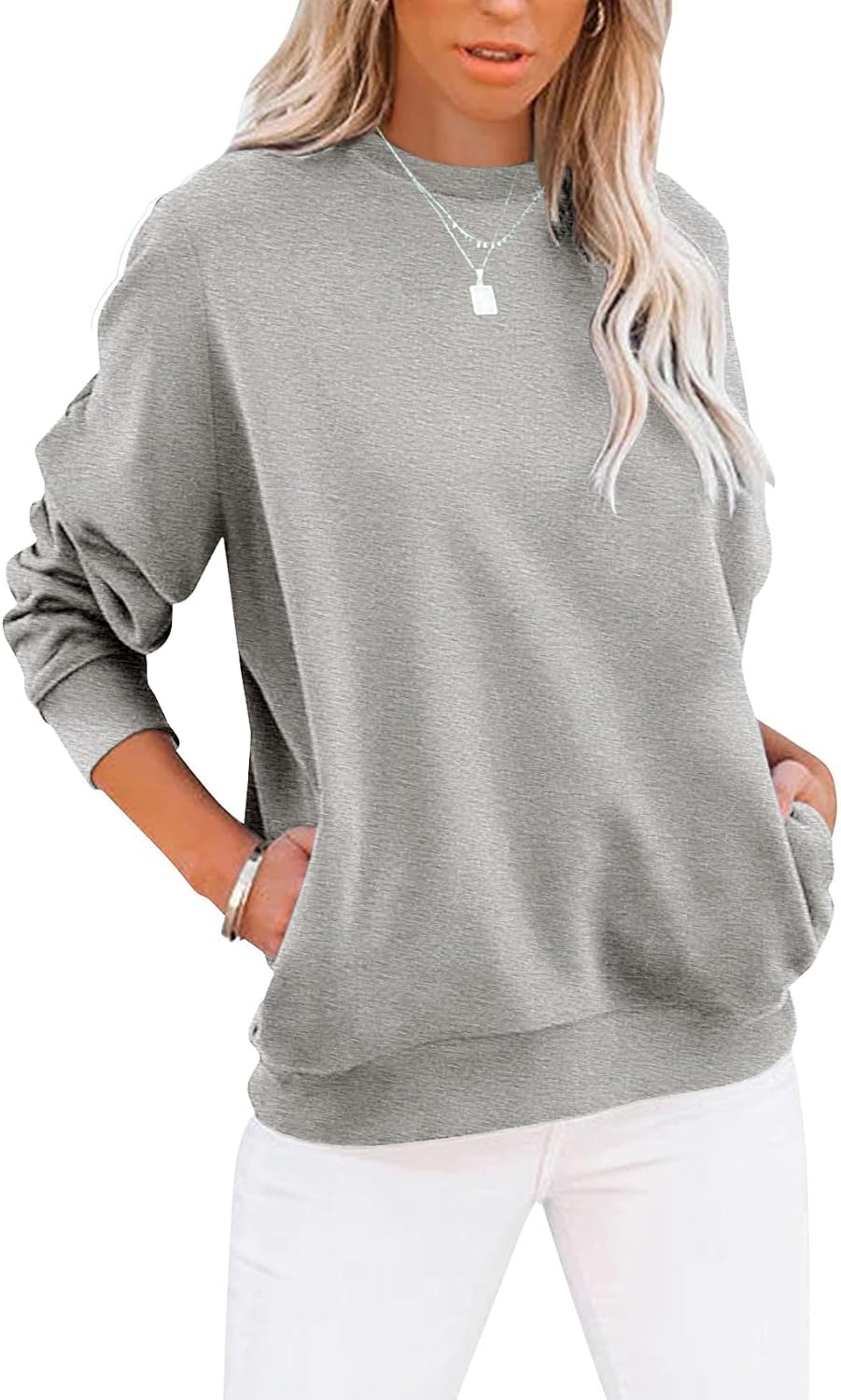 Women's Casual Long Sleeve Color Block/Solid Tops Crewneck Sweatshirts Cute Loose Fit Pullover with Pockets