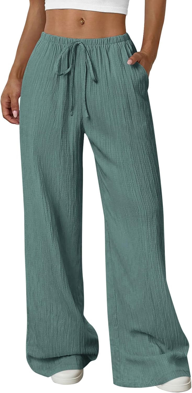 Womens Palazzo Pants Summer Fashion 2026 High Waisted Wide Leg Drawstring Flowy Beach Trousers with Pockets