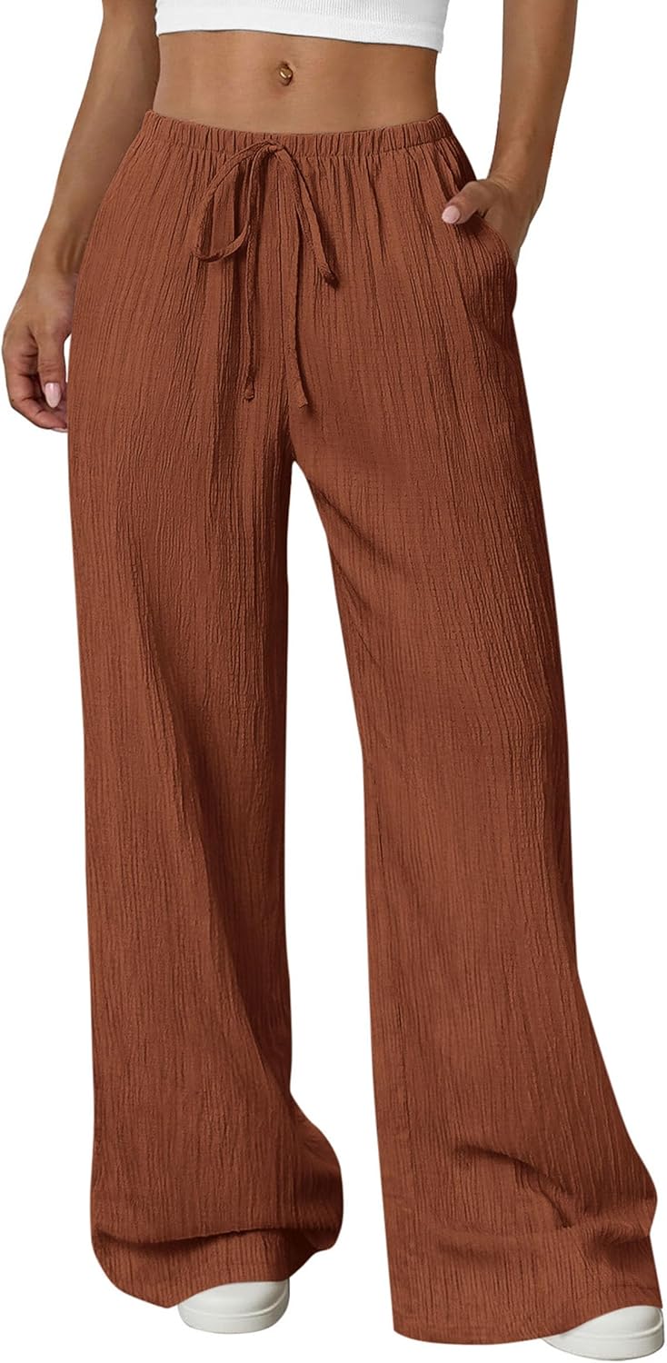 Womens Palazzo Pants Summer Fashion 2026 High Waisted Wide Leg Drawstring Flowy Beach Trousers with Pockets