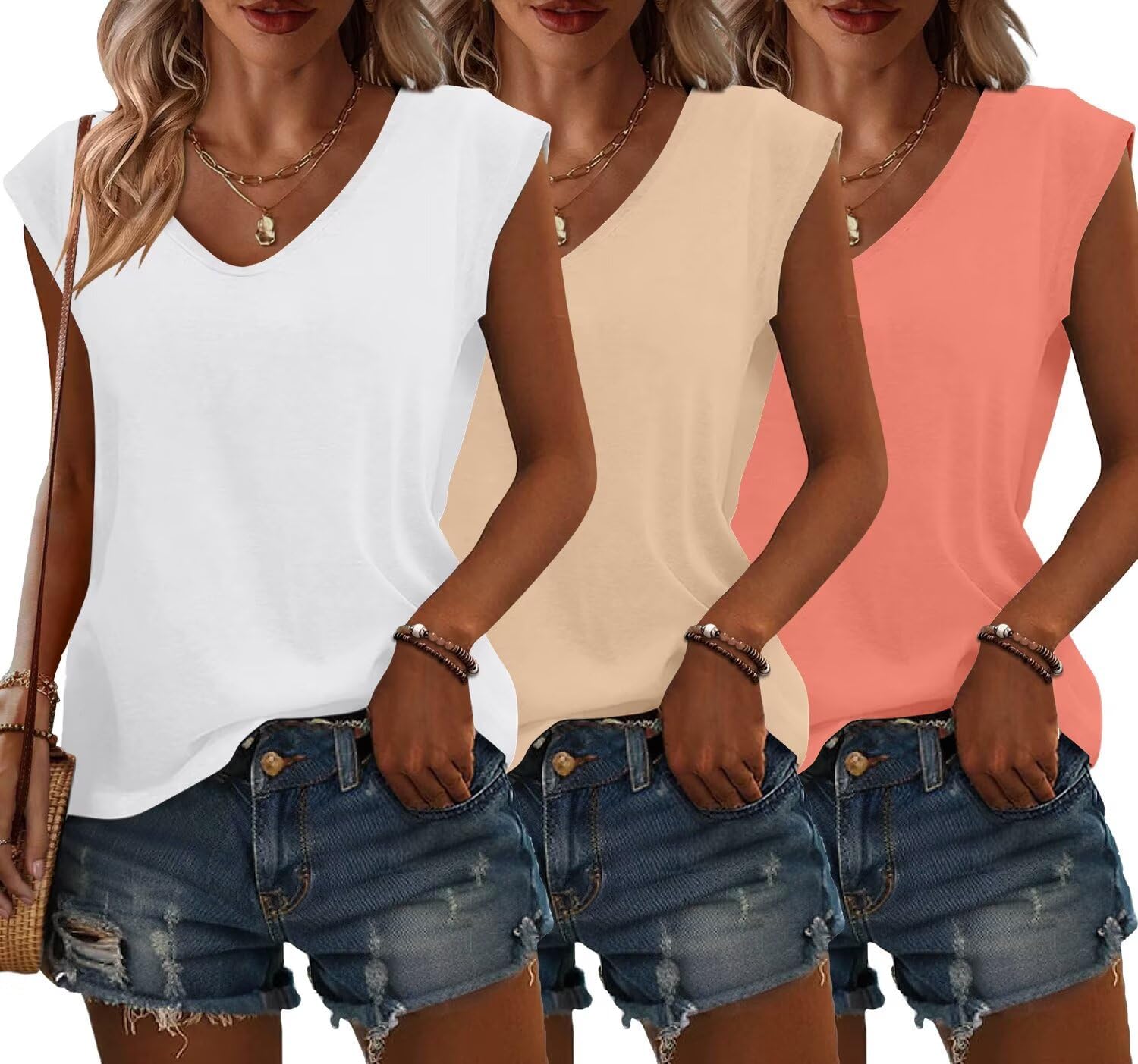 3 Pack Womens Cap Sleeve Tops V Neck T Shirts Summer Spring Outfits Beach Vacation Fashion Tee Blouse Workout Clothes