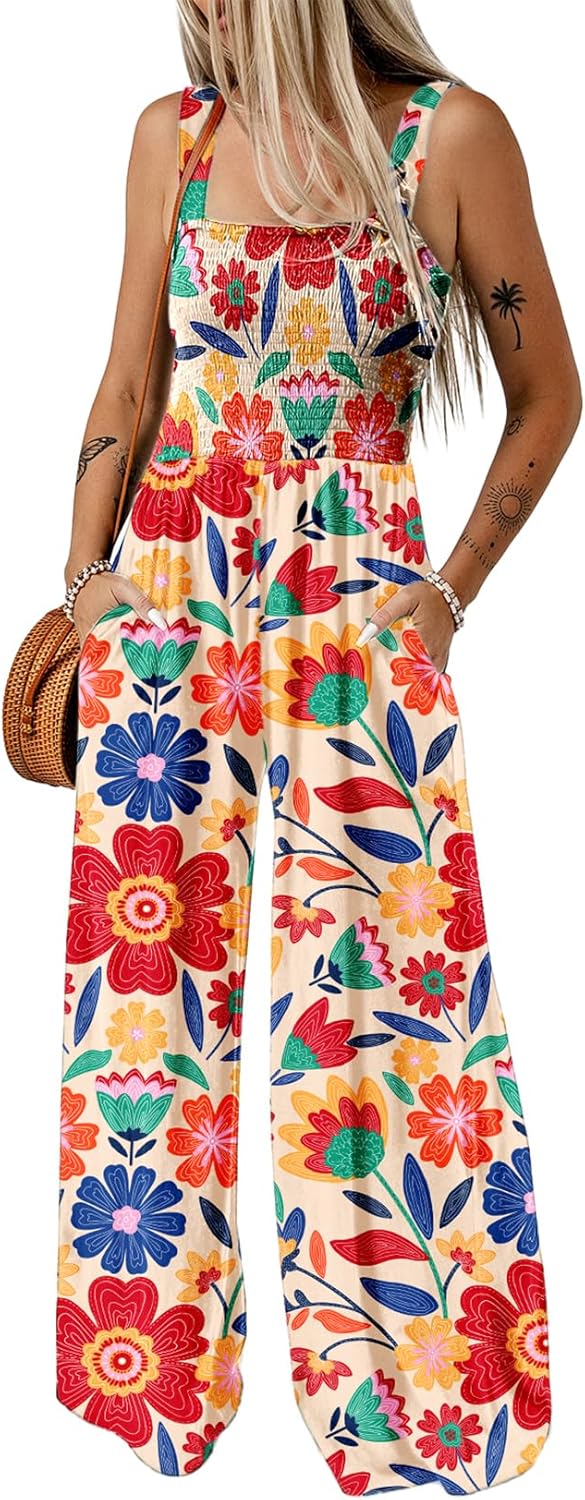 Women's Casual Loose Overalls Jumpsuits One Piece Sleeveless Printed Wide Leg Long Pant Rompers With Pockets