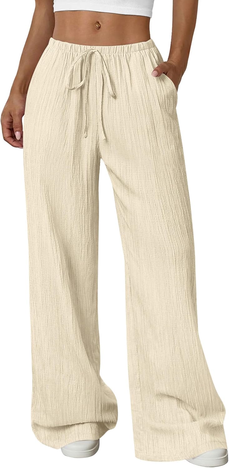 Womens Palazzo Pants Summer Fashion 2026 High Waisted Wide Leg Drawstring Flowy Beach Trousers with Pockets