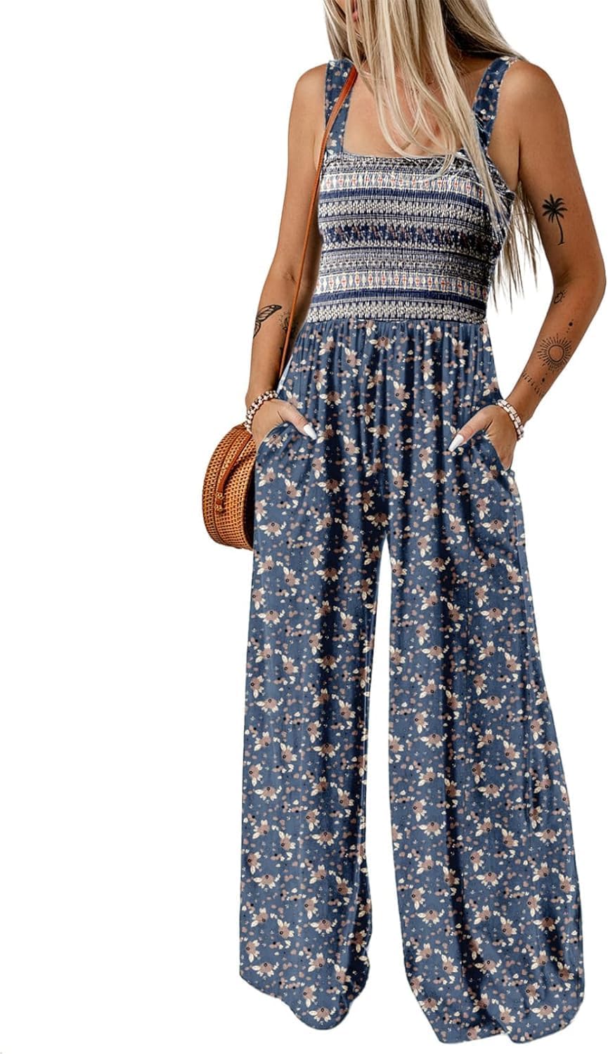 Women's Casual Loose Overalls Jumpsuits One Piece Sleeveless Printed Wide Leg Long Pant Rompers With Pockets