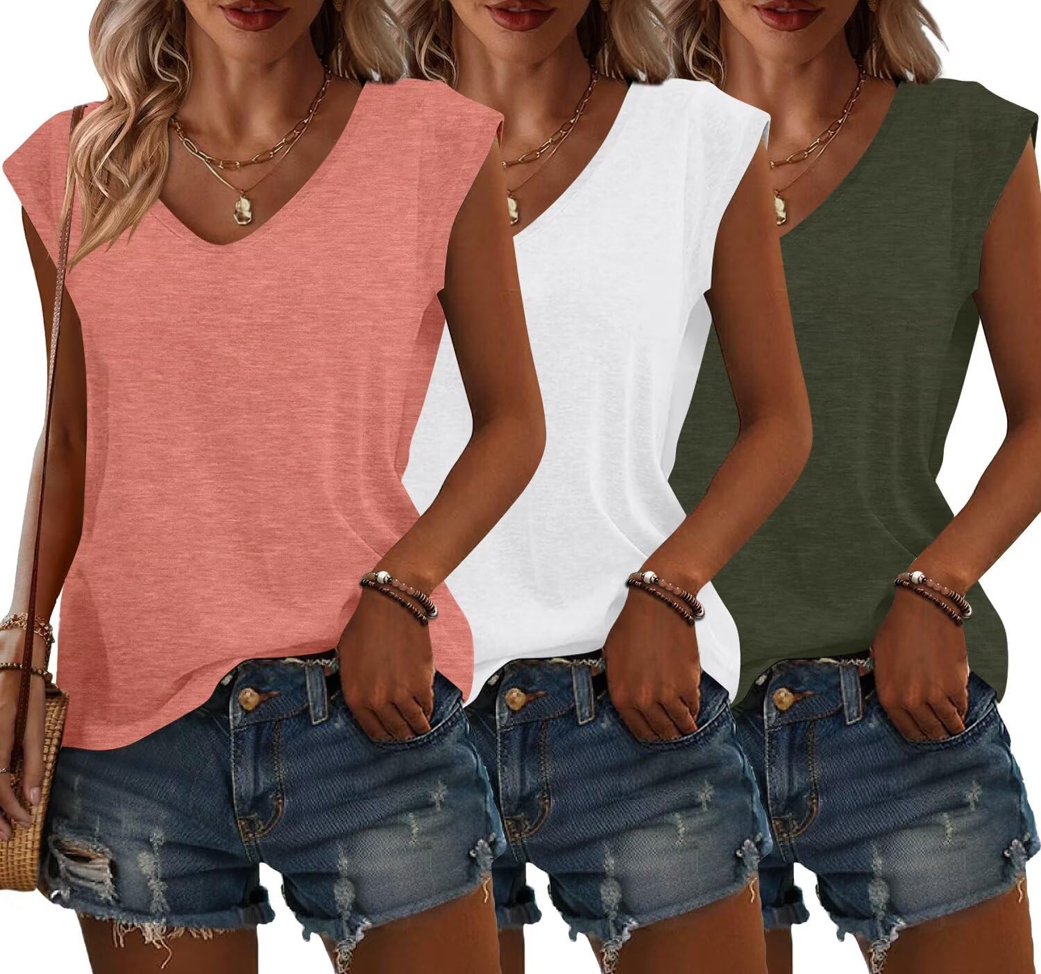 3 Pack Womens Cap Sleeve Tops V Neck T Shirts Summer Spring Outfits Beach Vacation Fashion Tee Blouse Workout Clothes
