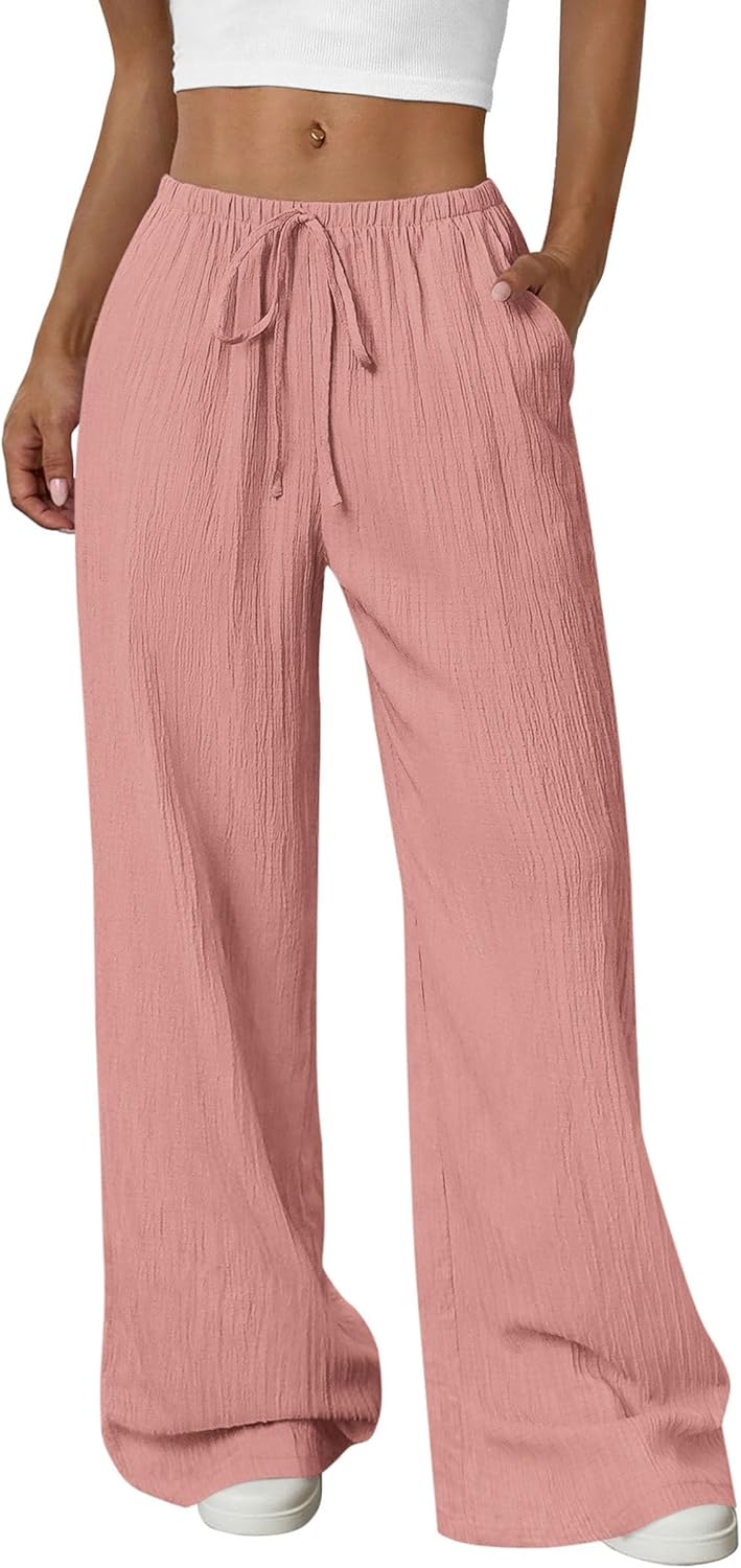 Womens Palazzo Pants Summer Fashion 2026 High Waisted Wide Leg Drawstring Flowy Beach Trousers with Pockets