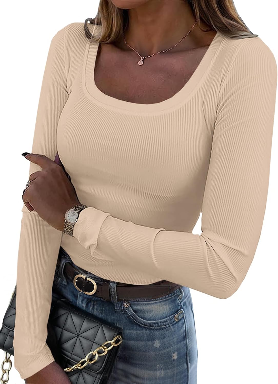 Women's Long Sleeve Scoop Neck Shirts Casual Slim Fit Rib Knit Tops Summer Fall Basic Business Work Tee