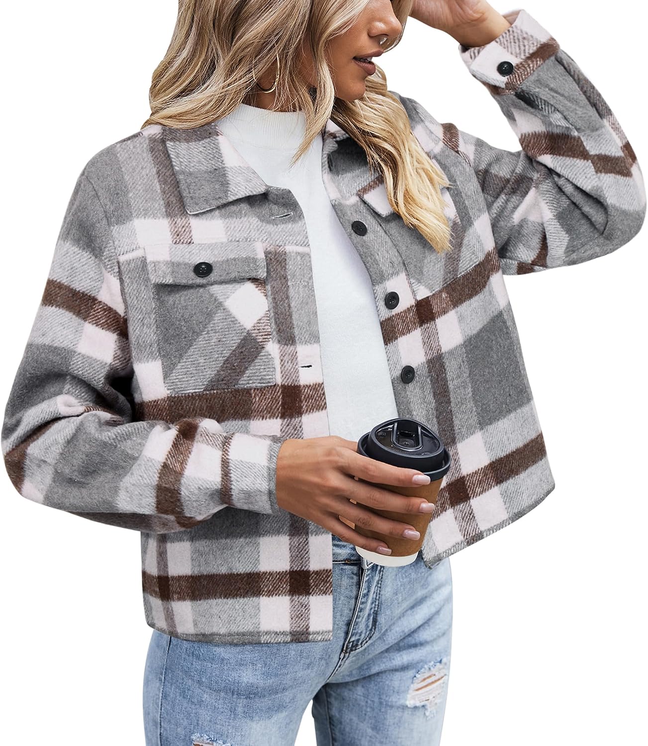 Flannels for Women Cropped Shacket Jacket Fashion Plaid Button Down Shirt 2026 Fall Coat Tops