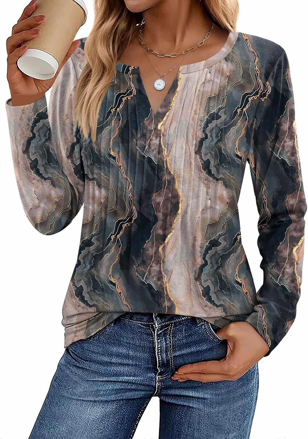 Womens Long Sleeve Tops 2026 V Neck Pleated Shirts Dressy Casual Tunic Blouses Loose Fit Fall Fashion Clothes