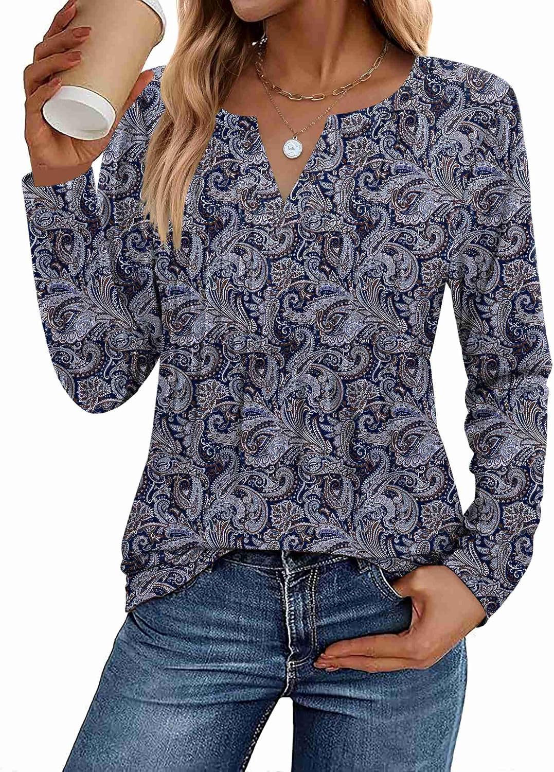 Womens Long Sleeve Tops 2026 V Neck Pleated Shirts Dressy Casual Tunic Blouses Loose Fit Fall Fashion Clothes