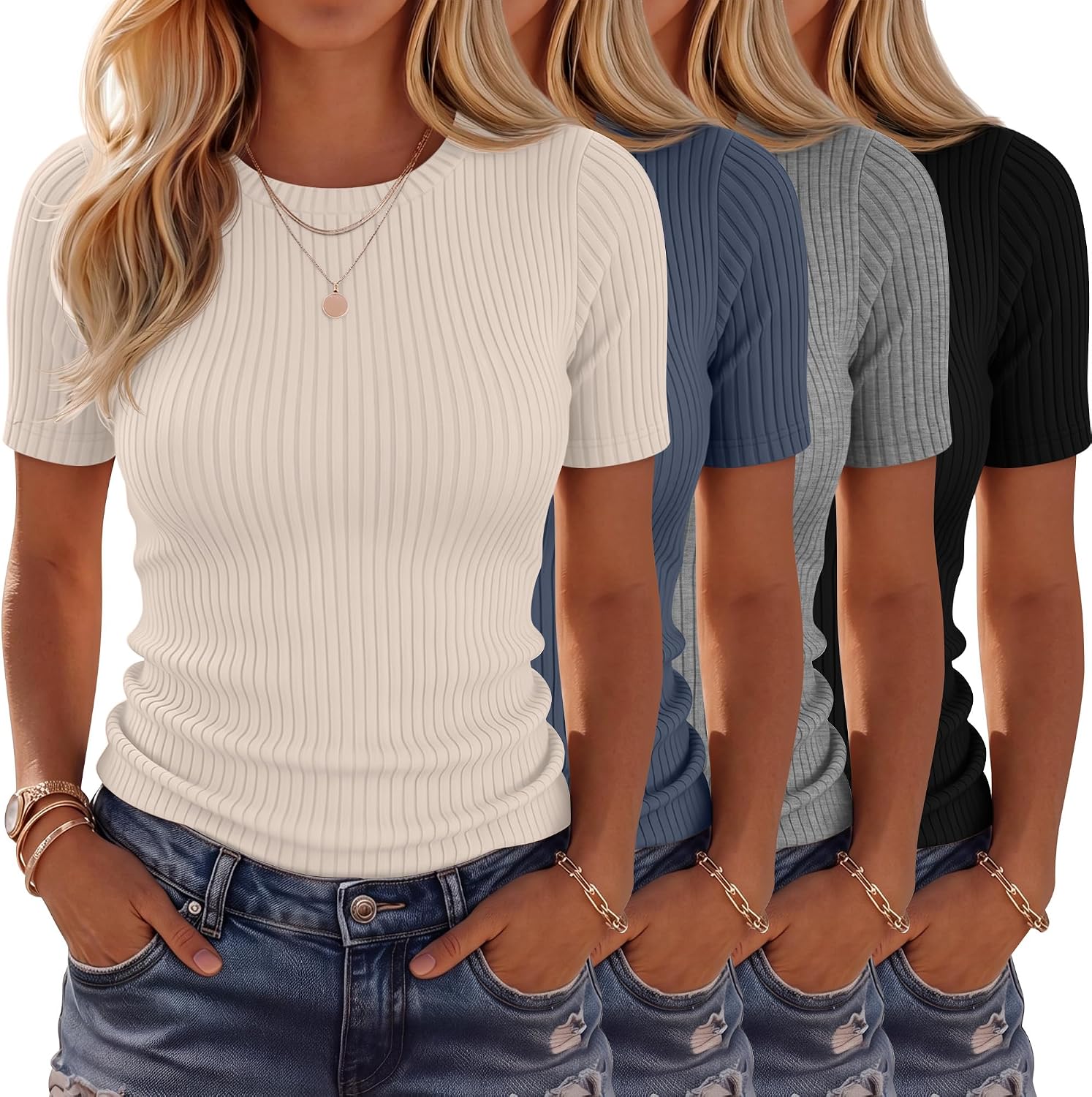 4 Pack Women’s Ribbed T-Shirts Cotton Short Sleeve Fitted Basic Tops Crew Neck Casual Shirts Summer Trendy Tees 2026