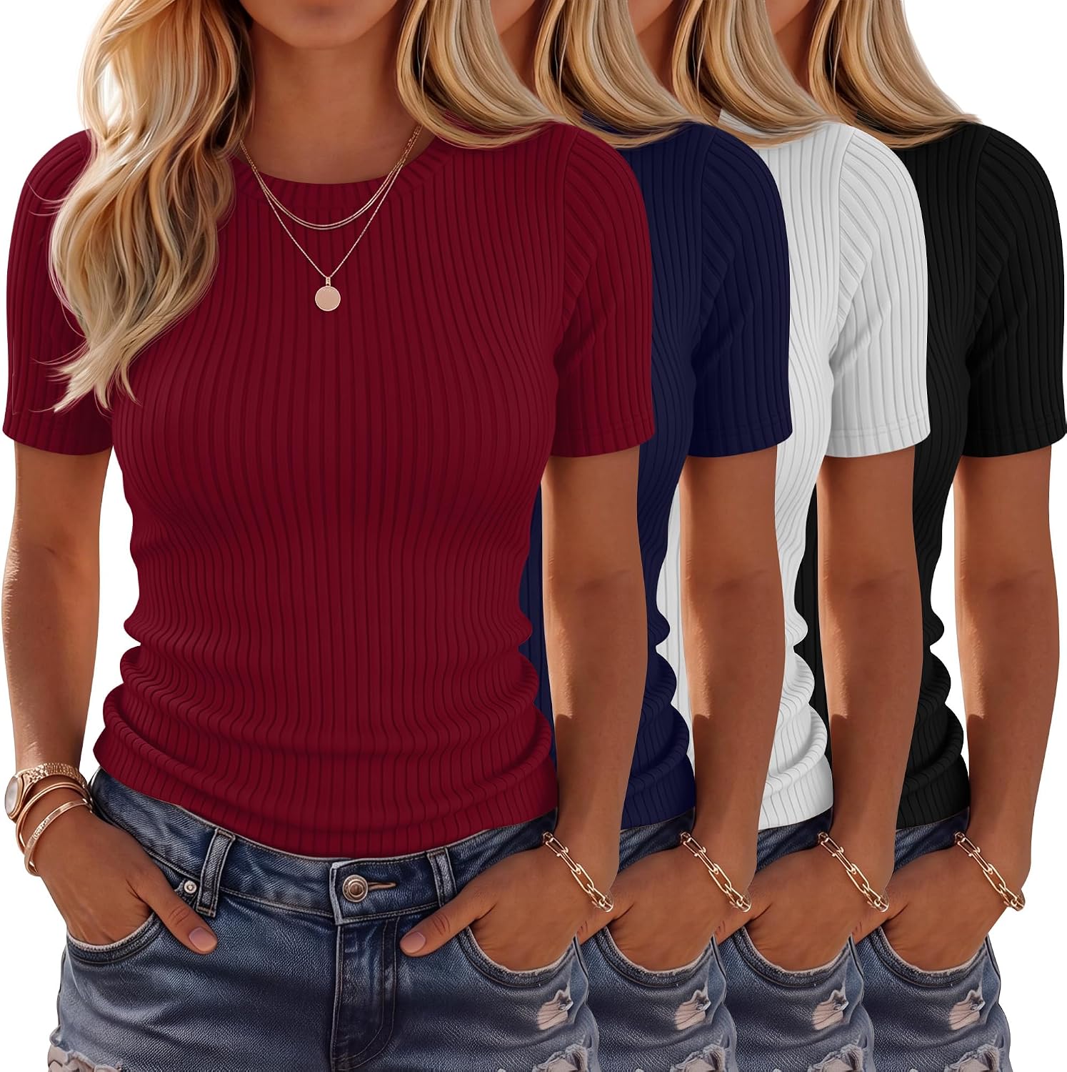 4 Pack Women’s Ribbed T-Shirts Cotton Short Sleeve Fitted Basic Tops Crew Neck Casual Shirts Summer Trendy Tees 2026