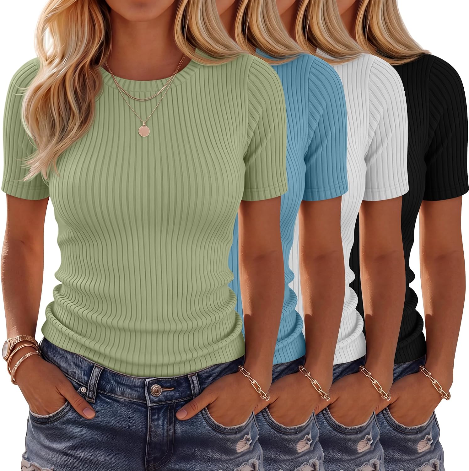 4 Pack Women’s Ribbed T-Shirts Cotton Short Sleeve Fitted Basic Tops Crew Neck Casual Shirts Summer Trendy Tees 2026