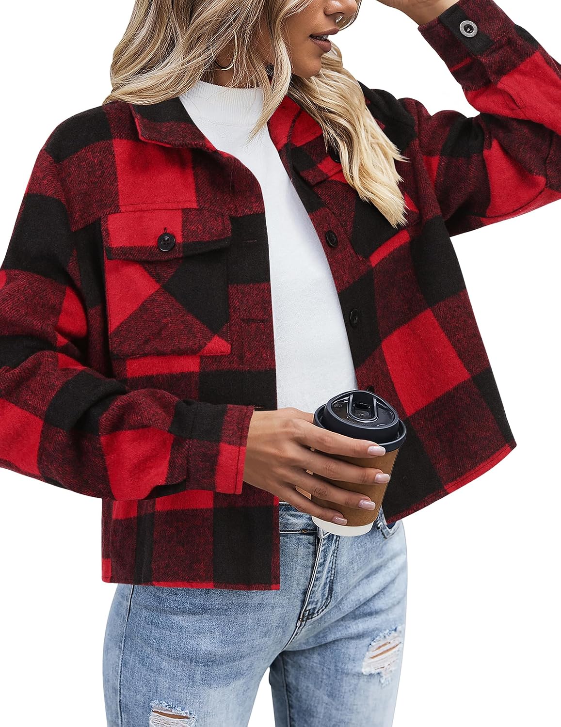 Flannels for Women Cropped Shacket Jacket Fashion Plaid Button Down Shirt 2026 Fall Coat Tops