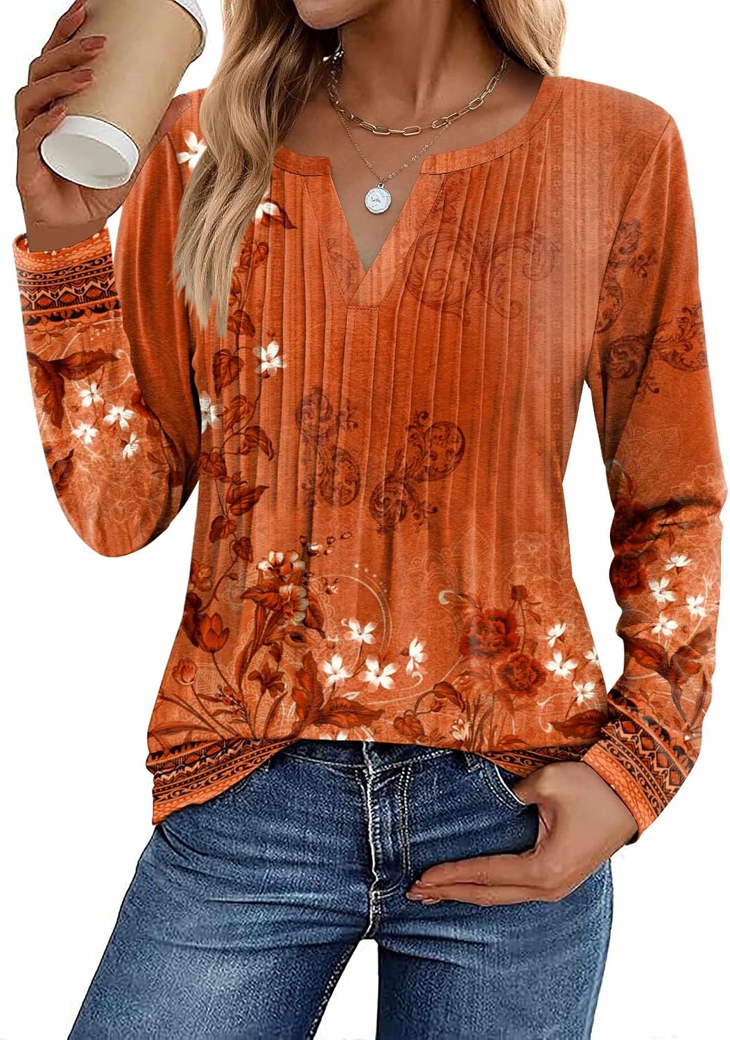 Womens Long Sleeve Tops 2026 V Neck Pleated Shirts Dressy Casual Tunic Blouses Loose Fit Fall Fashion Clothes