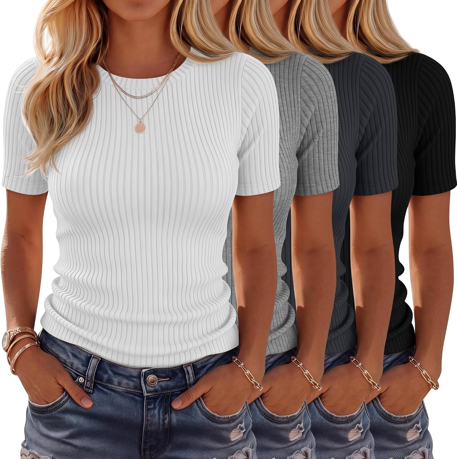 4 Pack Women’s Ribbed T-Shirts Cotton Short Sleeve Fitted Basic Tops Crew Neck Casual Shirts Summer Trendy Tees 2026
