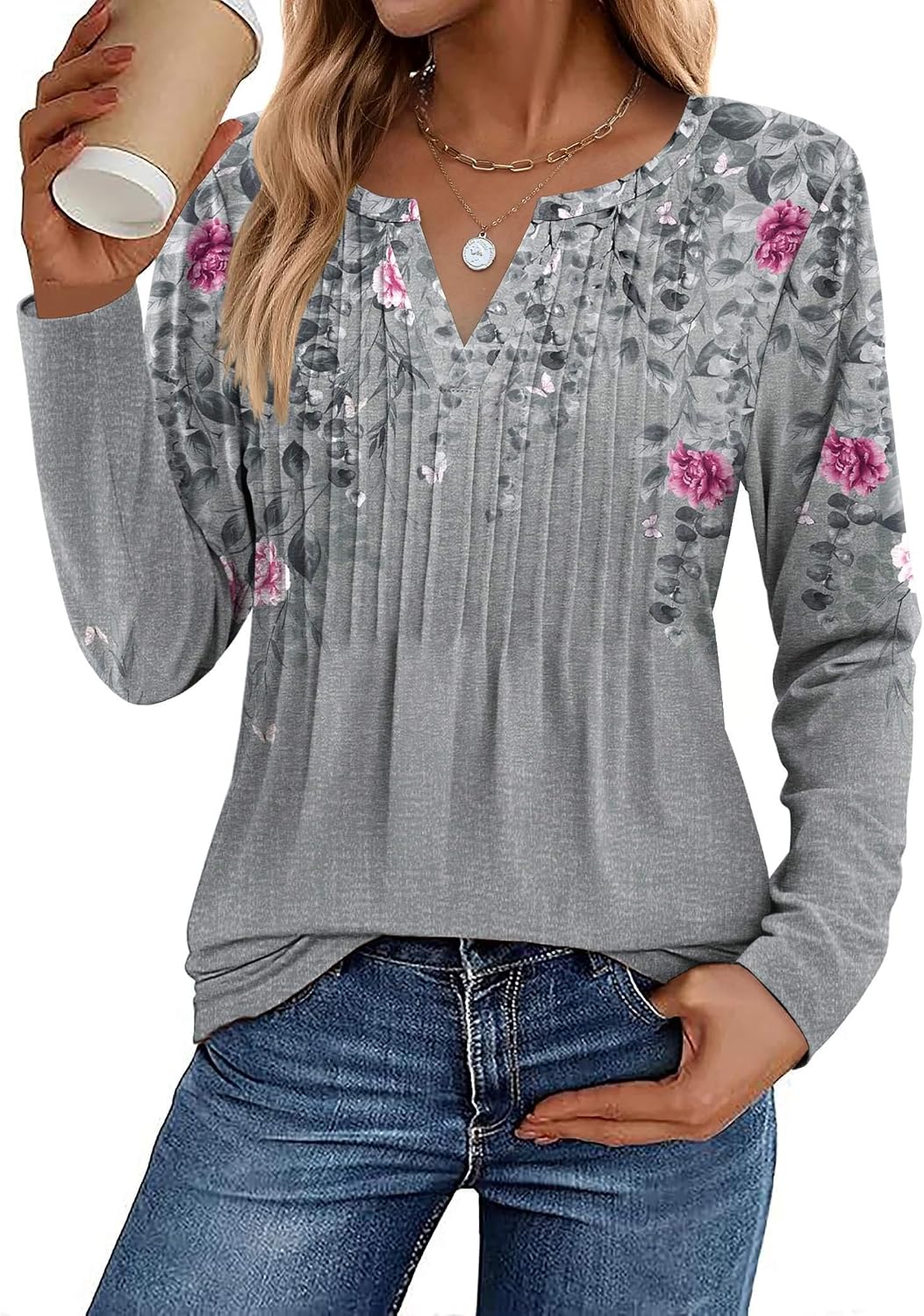 Womens Long Sleeve Tops 2026 V Neck Pleated Shirts Dressy Casual Tunic Blouses Loose Fit Fall Fashion Clothes