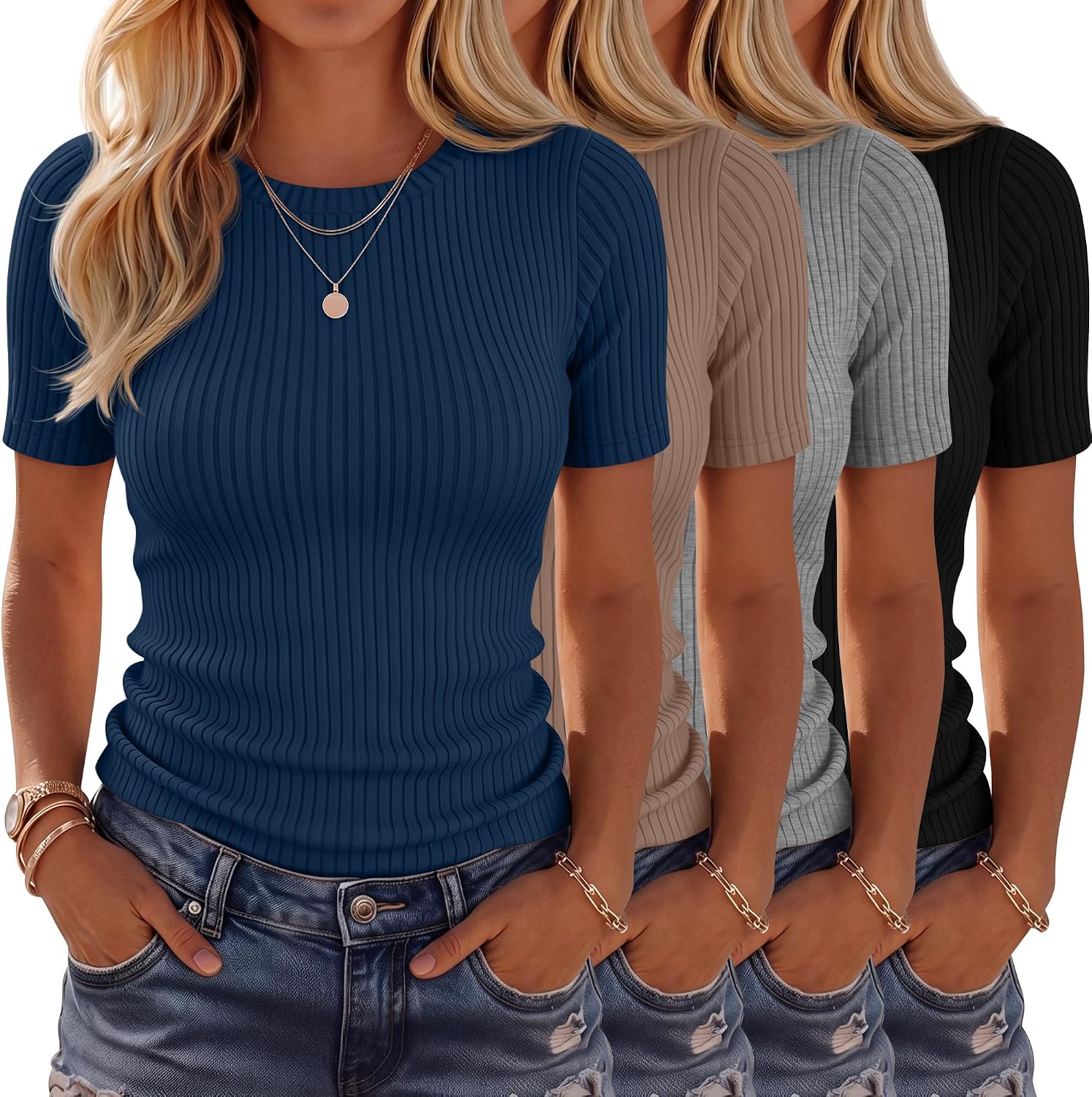 4 Pack Women’s Ribbed T-Shirts Cotton Short Sleeve Fitted Basic Tops Crew Neck Casual Shirts Summer Trendy Tees 2026