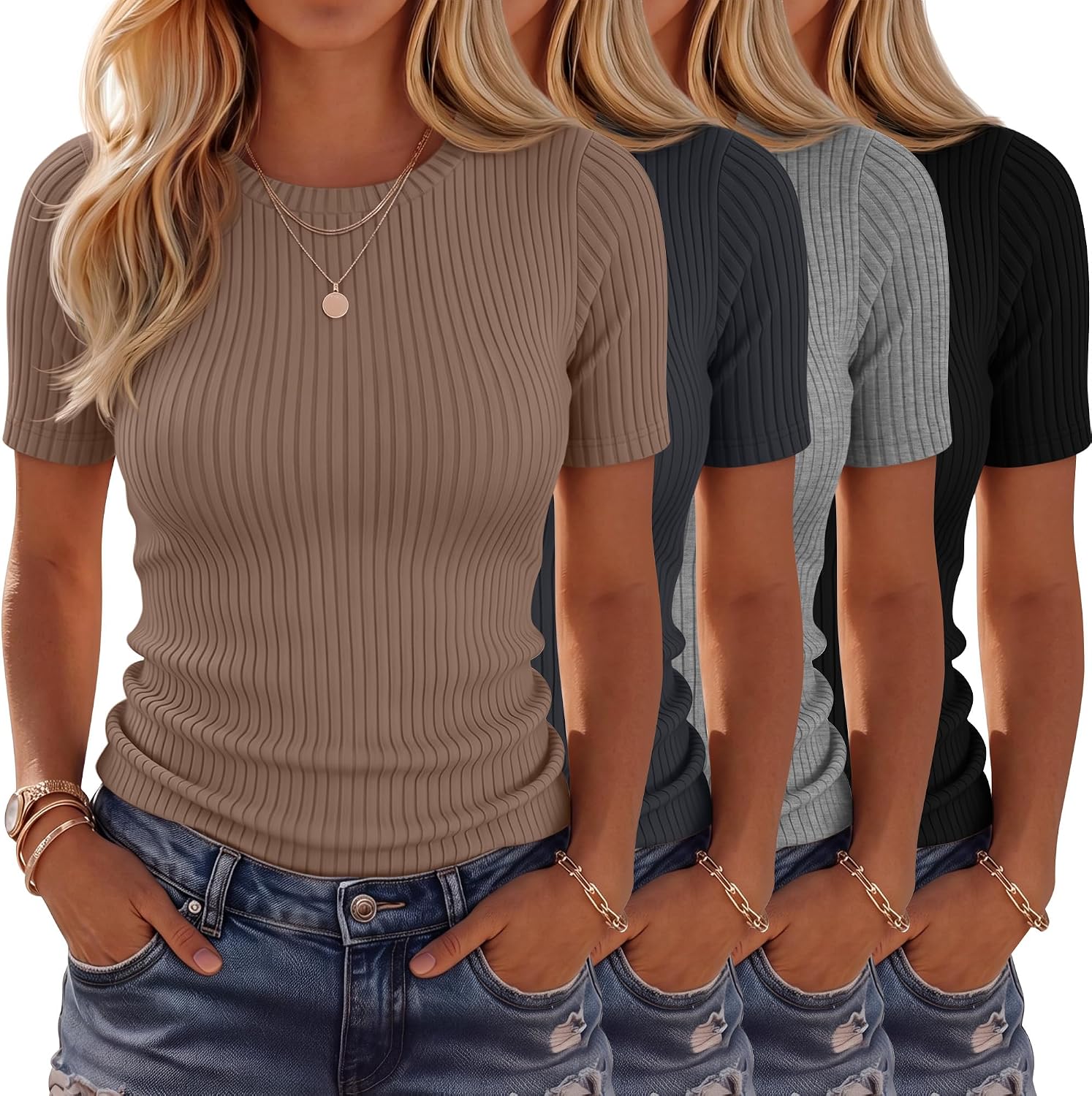 4 Pack Women’s Ribbed T-Shirts Cotton Short Sleeve Fitted Basic Tops Crew Neck Casual Shirts Summer Trendy Tees 2026