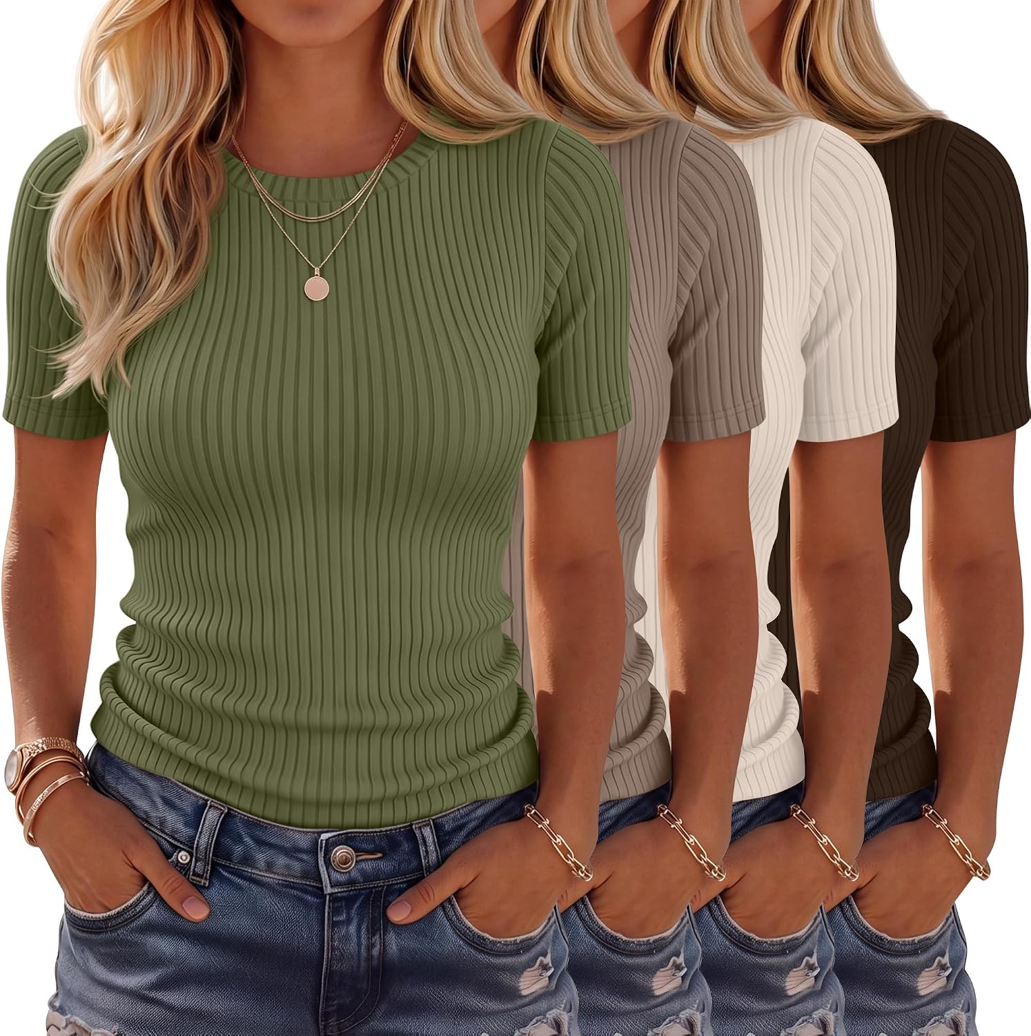 4 Pack Women’s Ribbed T-Shirts Cotton Short Sleeve Fitted Basic Tops Crew Neck Casual Shirts Summer Trendy Tees 2026
