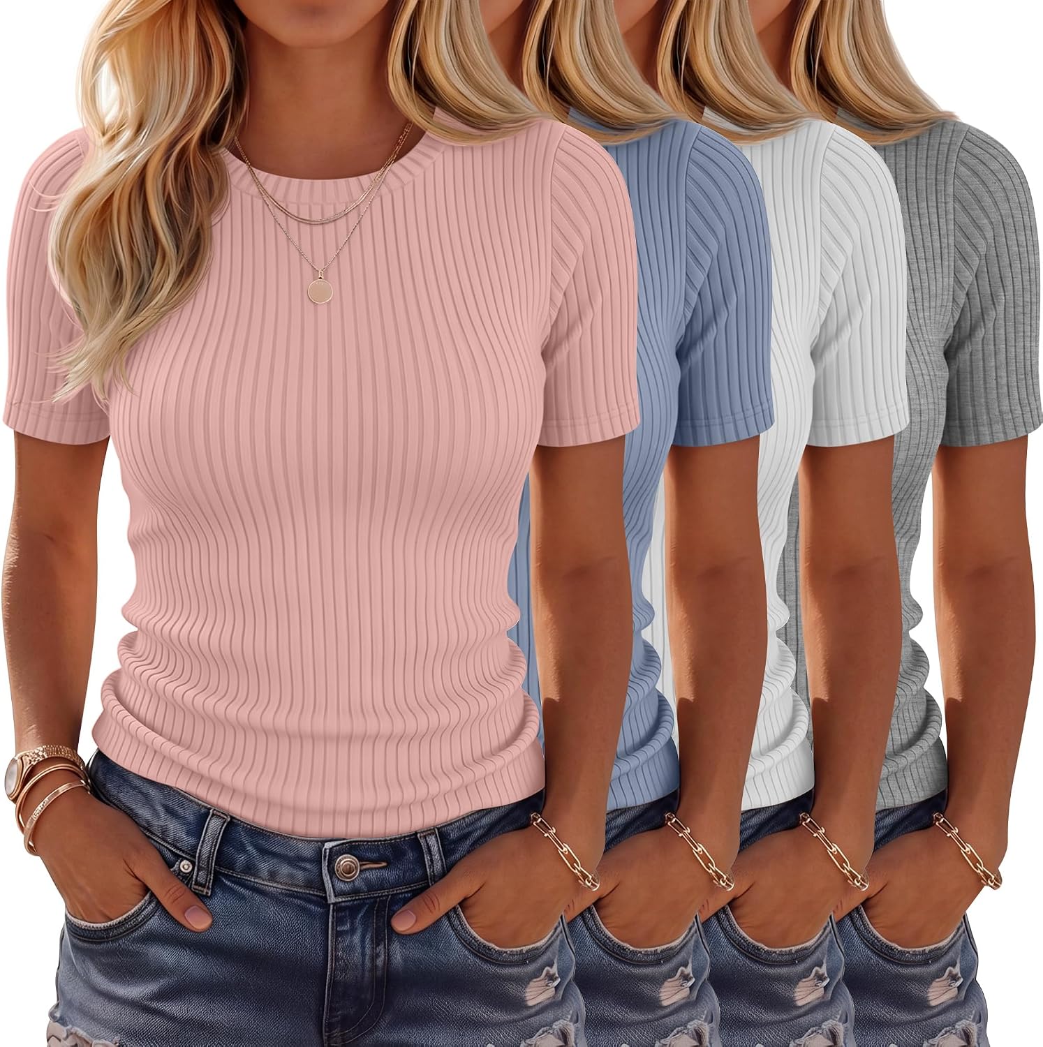 4 Pack Women’s Ribbed T-Shirts Cotton Short Sleeve Fitted Basic Tops Crew Neck Casual Shirts Summer Trendy Tees 2026