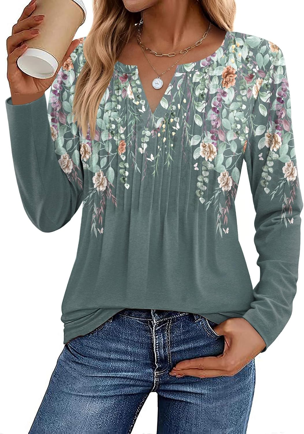 Womens Long Sleeve Tops 2026 V Neck Pleated Shirts Dressy Casual Tunic Blouses Loose Fit Fall Fashion Clothes